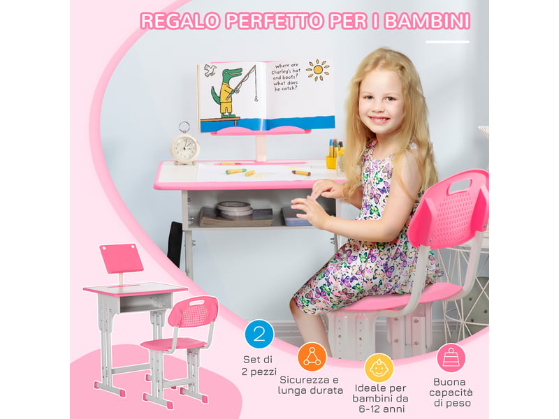  Bureau d'écolier avec chaise réglable en hauteur pour enfants de 6 à 12 ans, acier et mdf, rose  - Conforama E