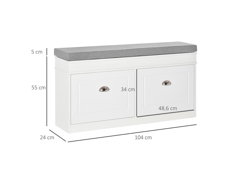  Banc à chaussures avec rangement pour 8 paires de chaussures, 2 tiroirs et étagères réglables, 104 x 24 x 55 cm, blanc  - Conforama E