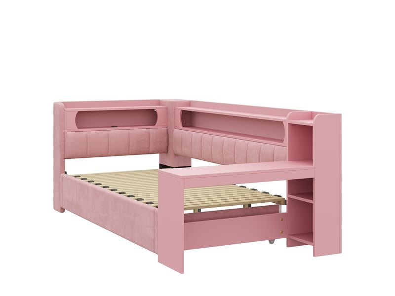  Lit banquette 1 place 200 × 90 cm extensible 200 × 180 cm, led réglable, usb, bureau et étagères, sans matelas, rose  - Conforama E