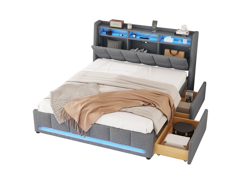  Lit 2 places 140x200 cm avec rangement, led et usb gris  - Conforama A