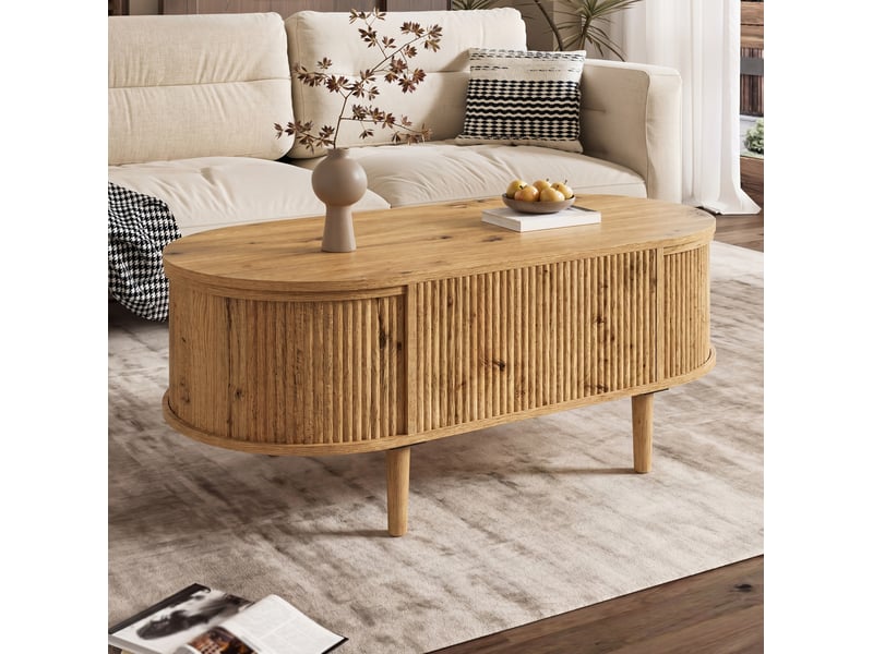  Table basse ovale relevable 100x48x54,5 cm, design vague, rangement, table de salon, style moderne, en mdf, chêne  - Conforama D