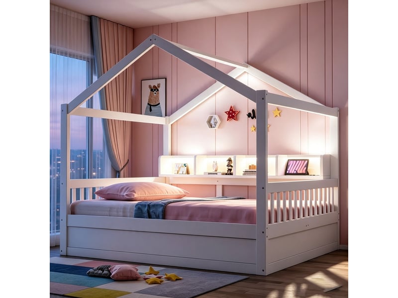  Lit enfant 140 × 200 cm – avec barrière de sécurité – avec espaces de rangement – ​​avec bande led et prise électrique – blanc (matelas non inclus)  - Conforama E