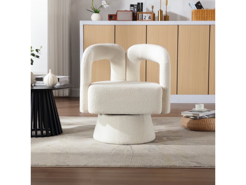  Fauteuil crapaud pivotant 360° 67x55x74cm – fauteuil tonneau lounge au design évidé avec socle en métal – tissu bouclé - blanc  - Conforama D