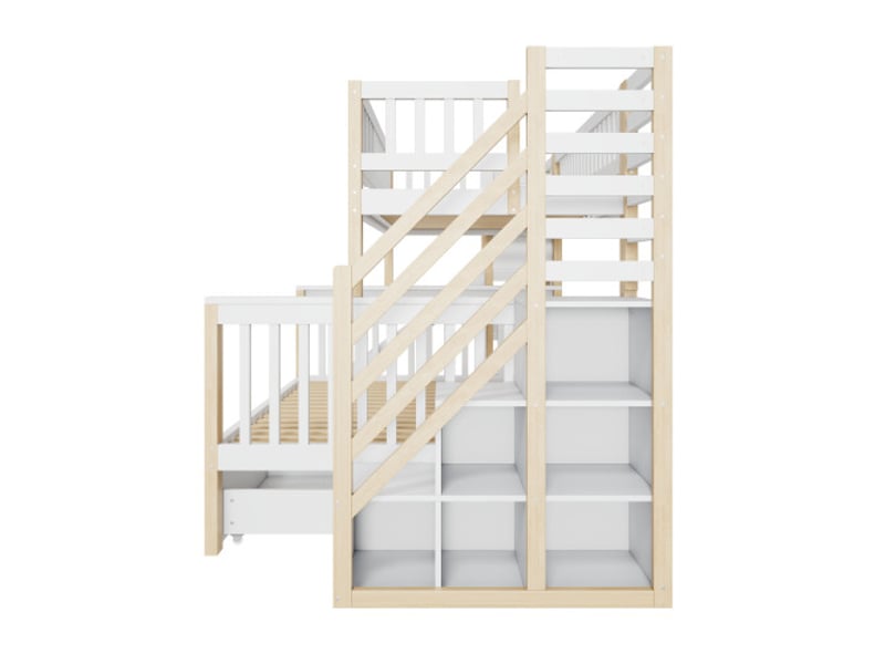  Lit maison enfant 140×200 + 90×200cm, escalier + toboggan + rangements, blanc  - Conforama E