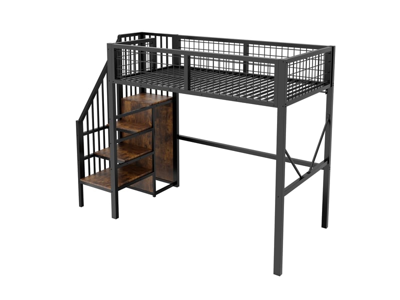  Lit mezzanine en métal 90 x 200 cm - avec échelle - avec éclairage led - avec barrières de sécurité - noir (matelas non inclus)  - Conforama R