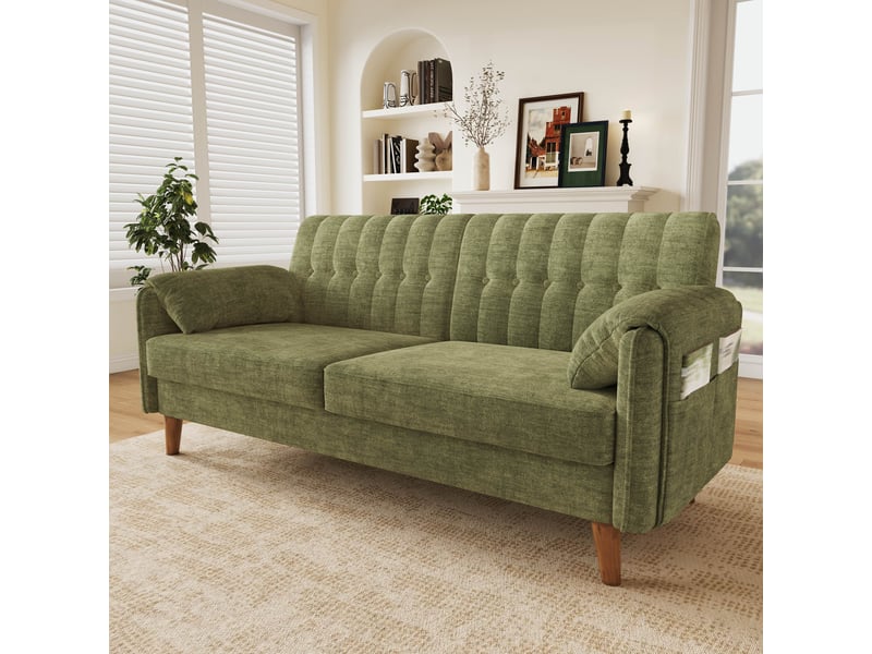  Canapé droit 2 places 161,5x79x83,5 cm, dossier capitonné, ressorts ensachés, poches latérales, pieds en bois massif, chenille vert Radiant Stride - Conforama B