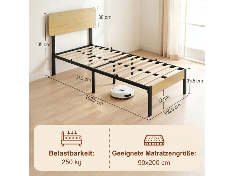 Lit plateforme 90x200 cm, lit enfant, rangement, métal bois naturel  - Conforama D