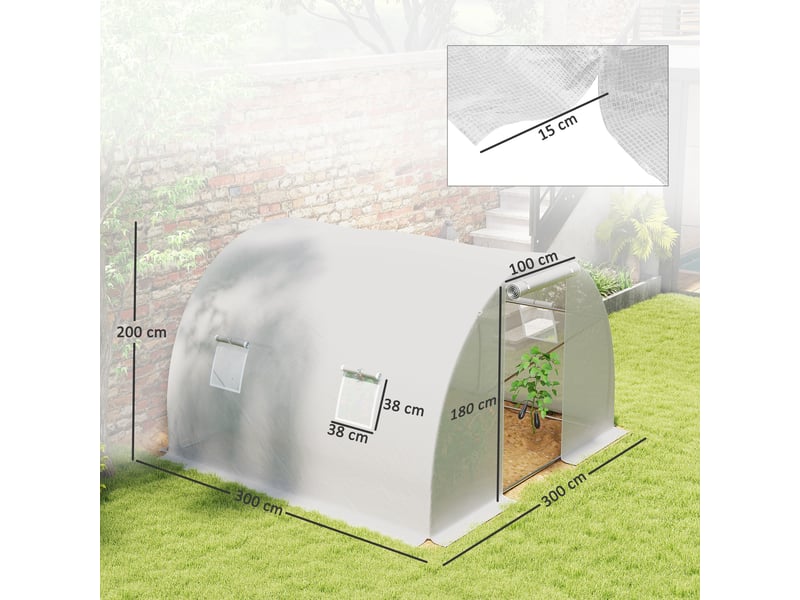  Serre de jardin tunnel 9 m² 4 fenêtres, porte zippée enroulable châssis acier galvanisé, bâche pe 3 x 3 x 2 m blanc  - Conforama E