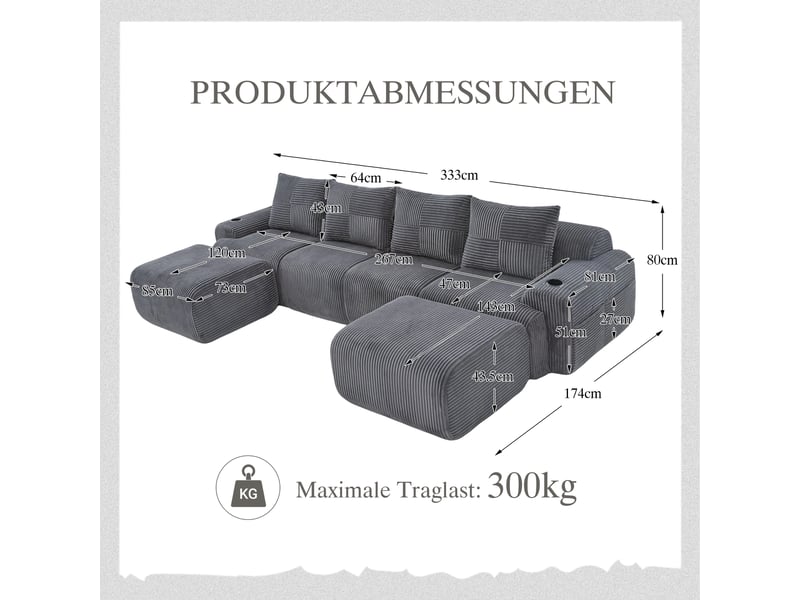 Canapé d'angle panoramique fixe 4 places tissu gris foncé - Conforama C