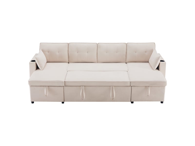 Canapé convertible en u 4 places tissu aspect lin beige avec coffre de rangement intégré - Conforama A