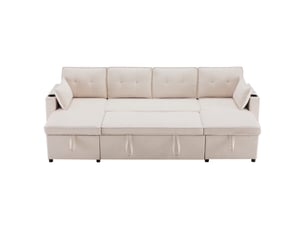 Canapé convertible en u 4 places tissu aspect lin beige avec coffre de rangement intégré