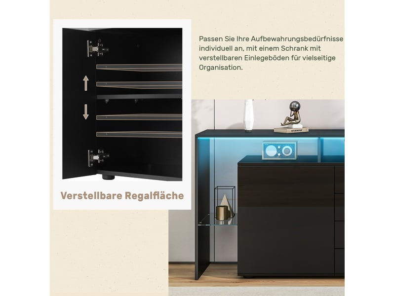 Buffet bas tv led noir – 2 portes, 4 tiroirs – 160 x 35 x 70 cm - Conforama E
