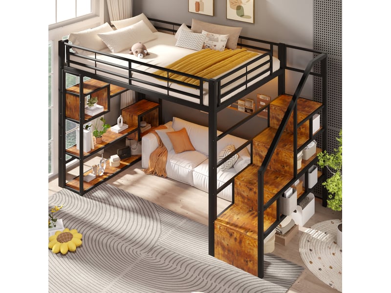  Lit mezzanine 140x200 cm, escalier intégré, rangement ouvert, led multicolore métal mdf noir sans matelas  - Conforama E