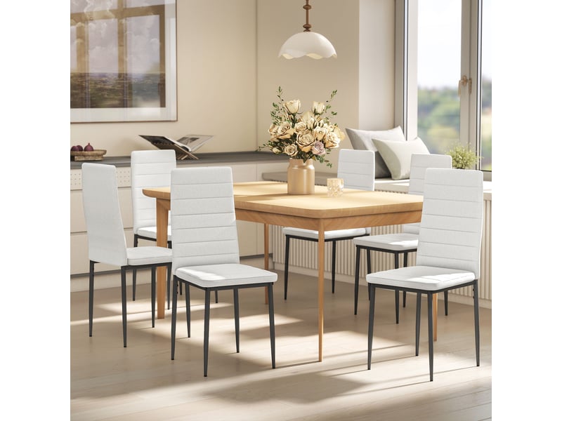  Lot de 6 chaises de salle à manger modernes revêtues de lin synthétique, avec dossier haut et pieds en métal, 41 x 50 x 97 cm, blanches  - Conforama D