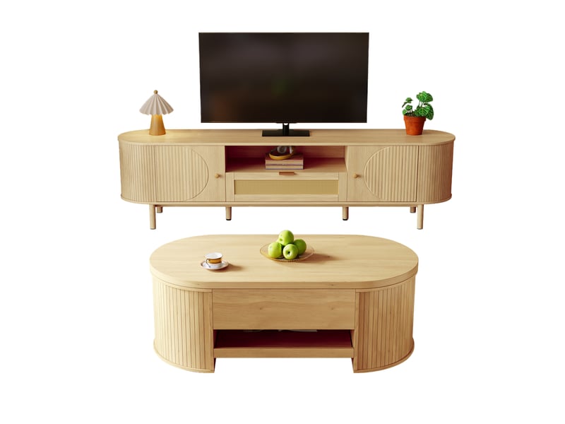  Ensemble meuble salon avec table basse relevable et meuble tv 175 cm, mdf bois naturel  - Conforama A