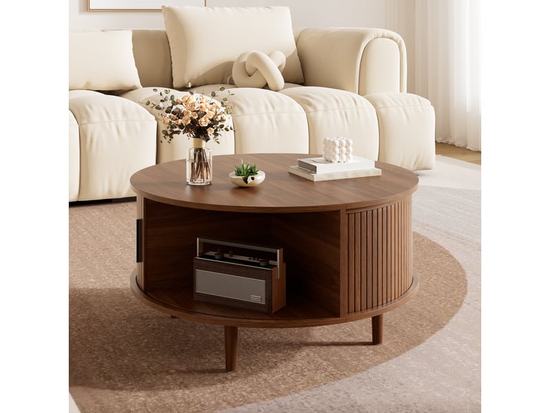  Table basse ronde relevable avec rangement compartimenté, table de salon avec porte coulissante et lattes verticales, pieds pin massif, mdf, noyer OPULERANE TRADING LTD - Conforama D