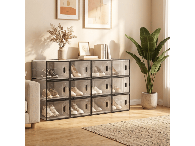  Boîte à chaussures empilable tcqpz lot de 12 en plastique transparent et noir 25 x 18,5 x 35,5 cm  - Conforama E
