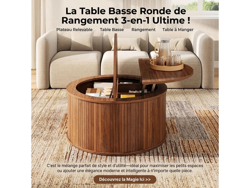  Table basse ronde avec plateau relevable et rangement mdf noyer 88cm  - Conforama C