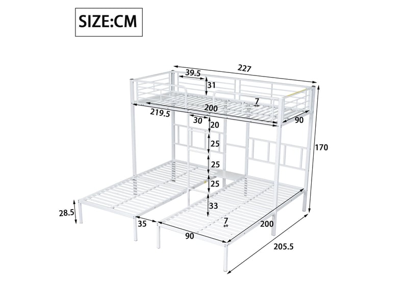  Lit superposé 3 places 90x200cm, lit triple en métal blanc pour chambre d'enfant, avec table de chevet et échelle à 4 marches, stable  - Conforama C