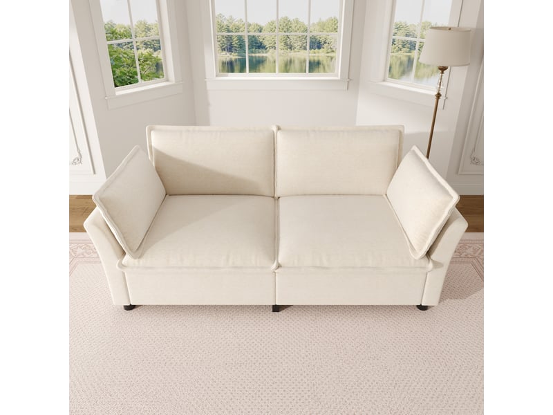 Canapé 2 places en chenille beige avec coussins d'appui et led intégrée, 155 cm de large - Conforama R