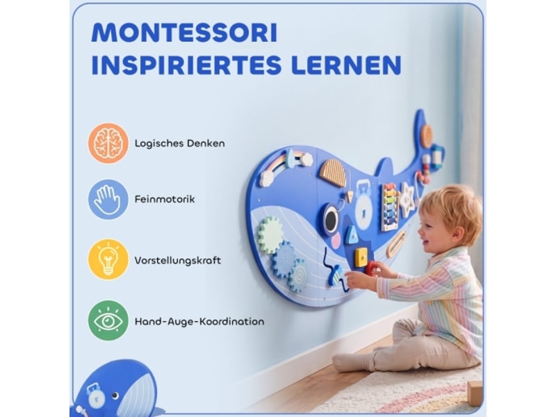 Tableau d’activités montessori baleine 13 en 1 en bois, xylophone, horloge, engrenages, mural - Conforama B