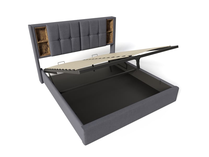  Lit adulte 160x200 cm gris avec rangement, chargement sans fil, usb-c et tête de lit avec niches  - Conforama D