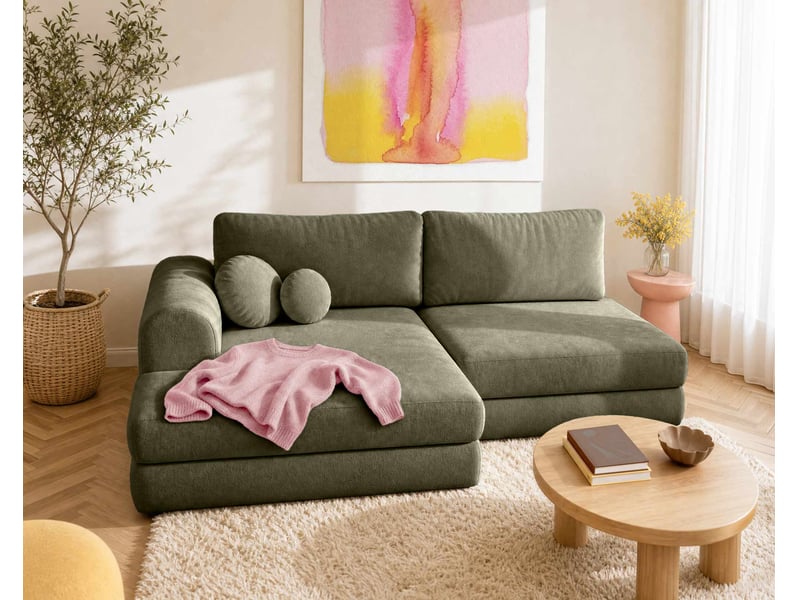  April - canapé d'angle gauche 4 places convertible avec coffre en velours texturé - best mobilier - vert kaki APRIL - Conforama B