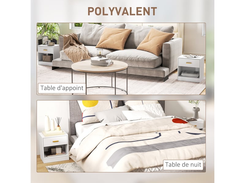  Lot de 2 tables de chevet 39 x 28 x 41 cm rangement tiroir et étagère moderne élégant en panneau de particules blanc 21_0001658  - Conforama E
