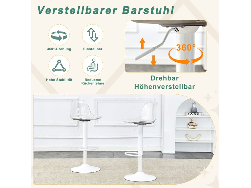  Lot de 2 tabourets de bar réglables ø 40,5 cm – transparent et blanc – rotation 360° et repose-pieds  - Conforama E