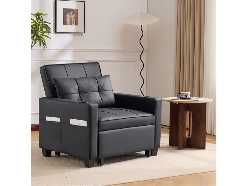  Canapé convertible 3-en-1 avec dossier réglable, porte-gobelets et poche latérale, en bois et métal, noir  - Conforama B