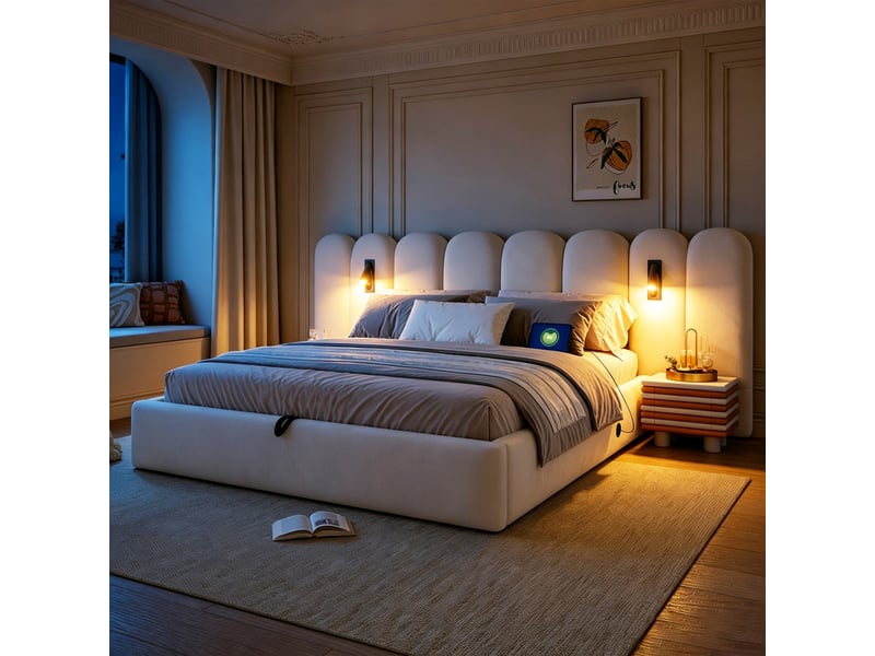  Lit coffre 180 x 200 cm, lit double avec longue tête de lit, liseuses réglables et ports de charge usb, velours beige  - Conforama D