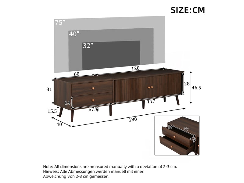  Meuble tv 2 tiroirs et 2 portes tambour mdf coloris noyer 180 x 40 x 46.5 cm N625P414164165A - Conforama C