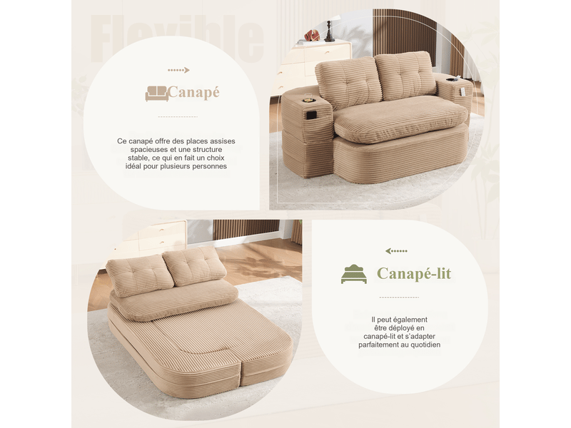 Fauteuil relax convertible en velours côtelé kaki, dossier haut, assise extra profonde, 2 porte-gobelets, salon chambre - Conforama D