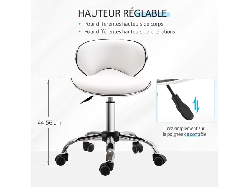 Tabouret à roulettes de travail avec hauteur réglable 44-56 cm et dossier pivotant 360° en blanc  - Conforama E