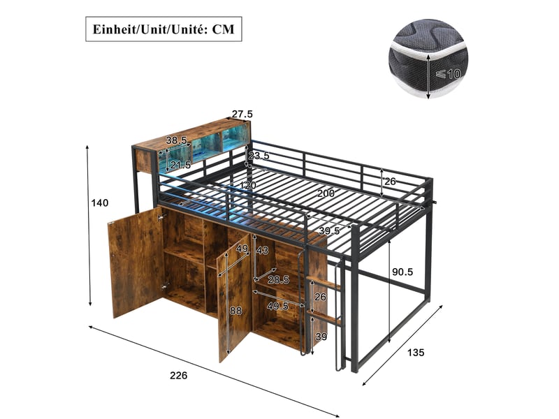  Lit mezzanine 120x200 cm avec rangement, led et prise, noir décor bois  - Conforama C