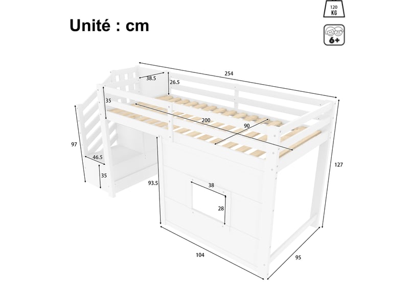  Lit mezzanine 90x200, lit adoenfant avec escalier et rangement, led intégrée, garde-corps sécurisé, bois mdf et pin - sans matelas - blanc  - Conforama C