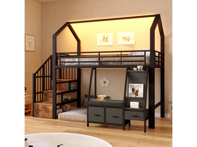  Lit mezzanine 90 x 200 cm – avec étagère de rangement en tissu – avec 3 tiroirs – avec échelle – avec éclairage led – noir (matelas non inclus)  - Conforama B