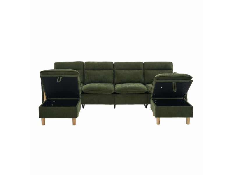  Canapé 4 places avec 2 poufs de rangement 261x77x86 cm chenille vert  - Conforama D