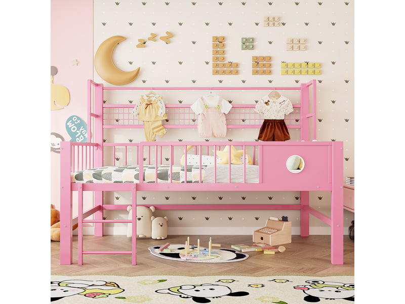  Lit mezzanine 90x200 cm avec sommier à lattes, cadre de lit adulte en métal, lit 1 personne, lit adulte, rose, lit simple  - Conforama D