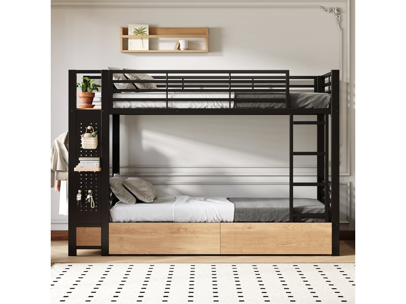Lit superposé 90x200 cm avec cadre métal - 4 tiroirs - étagères multiples - led - panneau perforé - barre à vêtements - espace de rangement - mdf - noir CozyNest - Conforama D