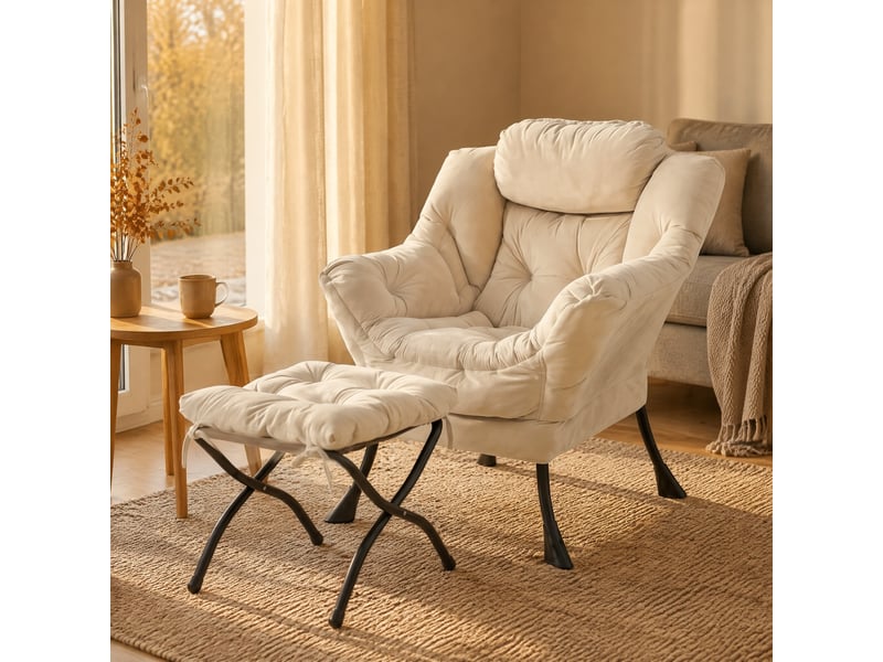 Fauteuil avec repose-pied et poche latérale, dossier haut rembourré en tissu et métal beige - Conforama B