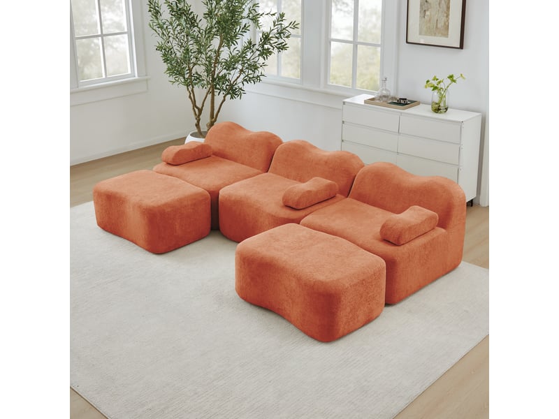  Canapé d'angle modulable 3 places en velours orange avec 2 poufs, forme u et assise profonde pour le salon  - Conforama E