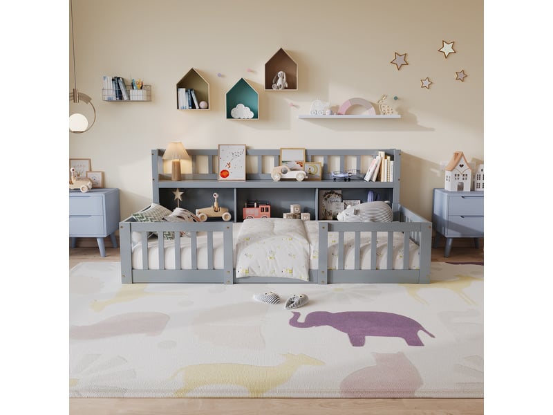  Lit enfant au sol 90x200(90x190) cm, lit simple avec bibliothèque et barrière, lit  montessori, bois, style scandinave moderne, gris  - Conforama D