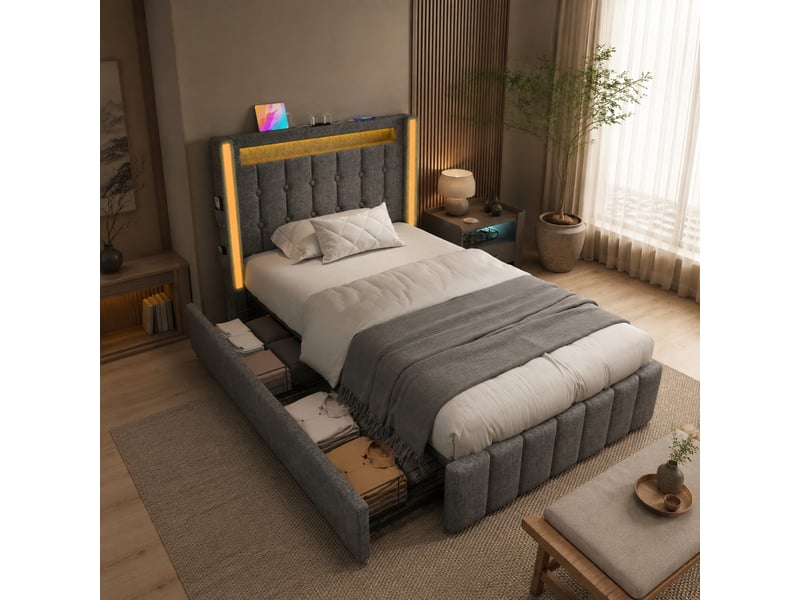  Lit 1 place 90x200 cm avec led, usb-c et 2 tiroirs, gris  - Conforama B