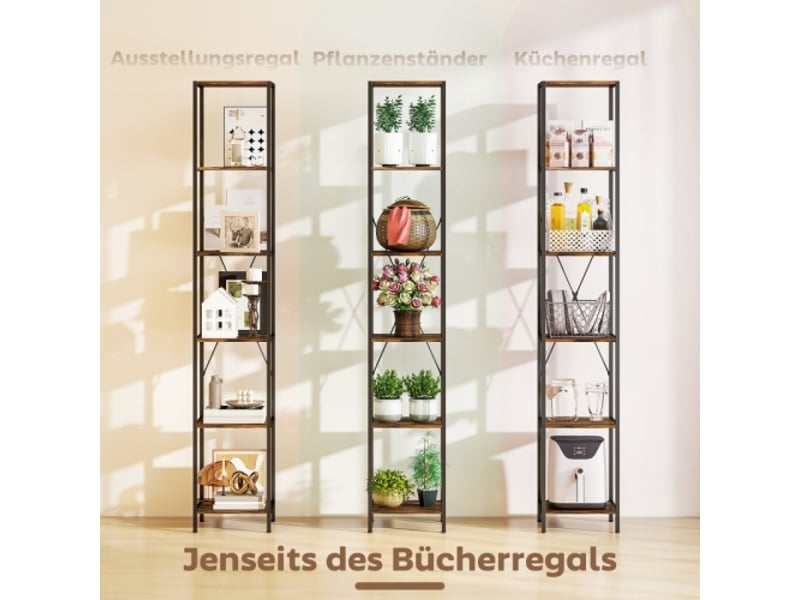  Lot de 2 bibliothèques 6 niveaux, cadre en acier, style rustique, brun, salon et bureau  - Conforama B