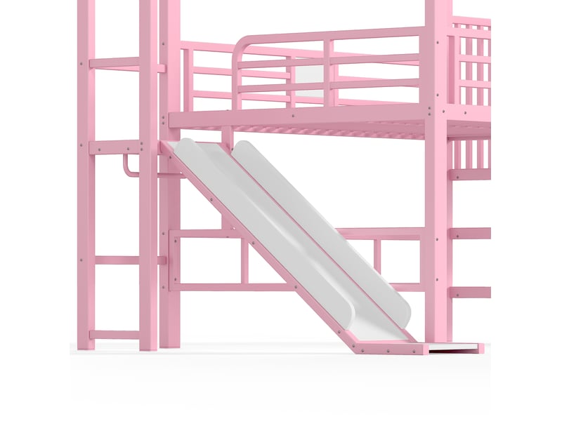 Lit mezzanine enfant 140 × 200 cm 1 place avec toboggan, rangements, led bluetooth, sans matelas, métal rose  - Conforama E