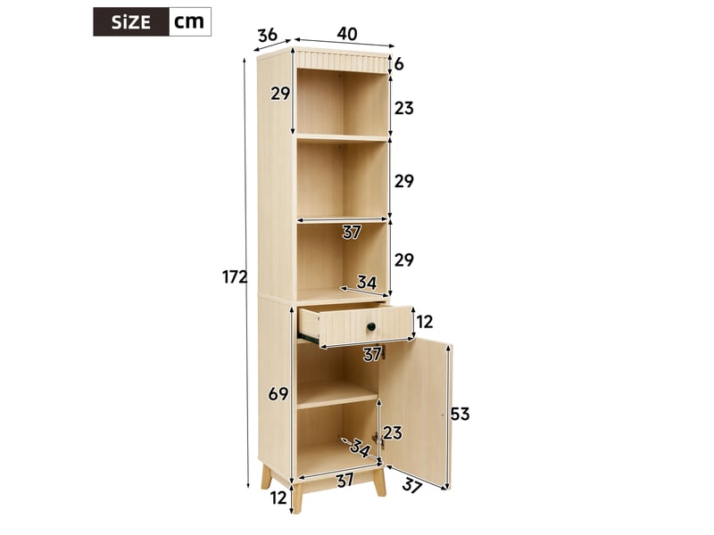  Colonne de salle de bain 40 x 36 x 172 cm avec porte réversible et fermeture douce, mdf, 1 tiroir, effet bois naturel  - Conforama C