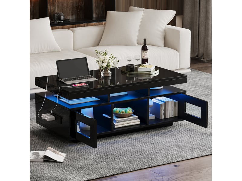  Table basse noire brillante 100 x 50 x 43 cm avec led rgb, rangement et prise usb  - Conforama B