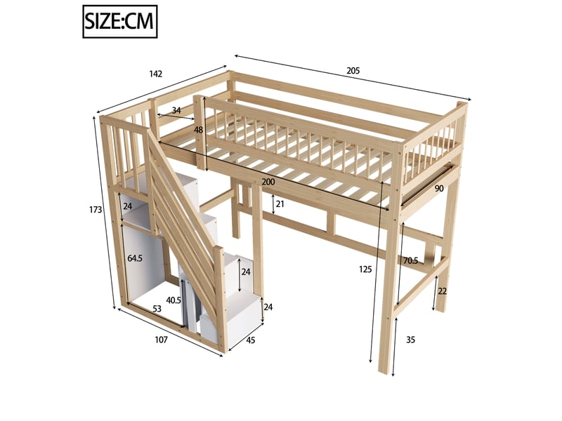  Lit mezzanine enfant 90 x 200 cm avec escalier de rangement, finition bois  - Conforama C