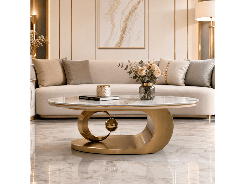 Table basse ovale 120x67x45 cm effet marbre blanc et piètement doré - Conforama D